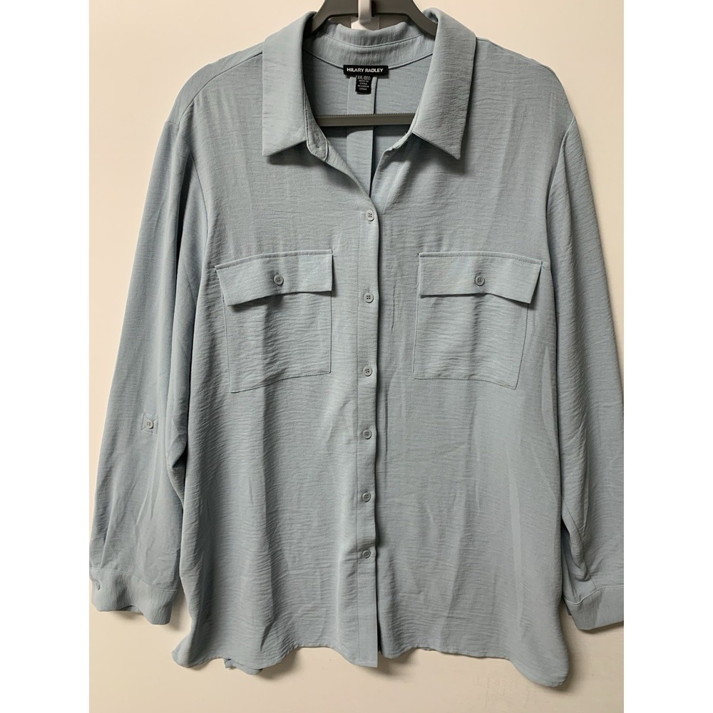 Hilary Radley Button Down Top Light Blue Roll Tab Sleeves XXL Collared Pockets